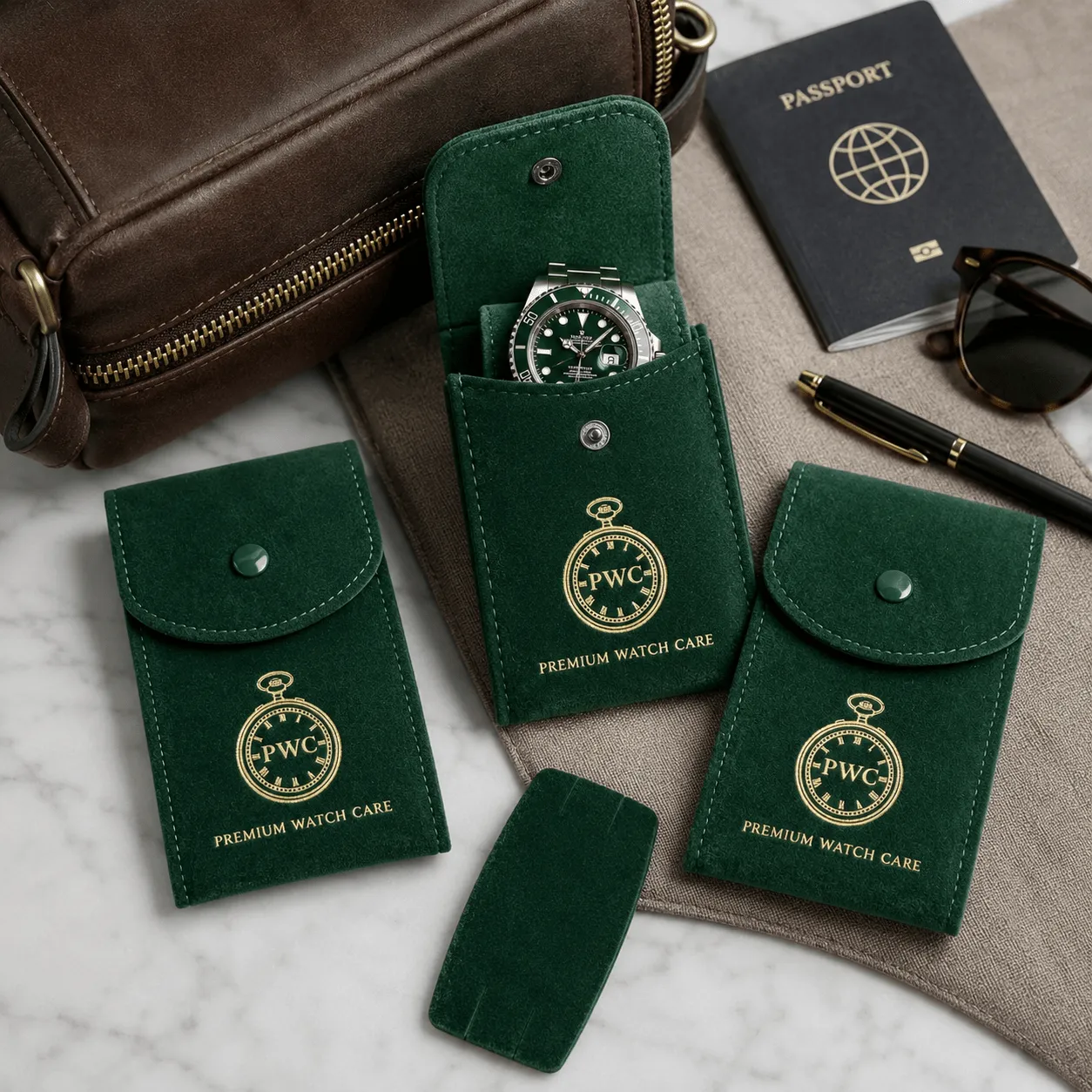 Premium Watch Care 3-Pack Suède PWC Horloge Reisetui Watch Pouch Groen