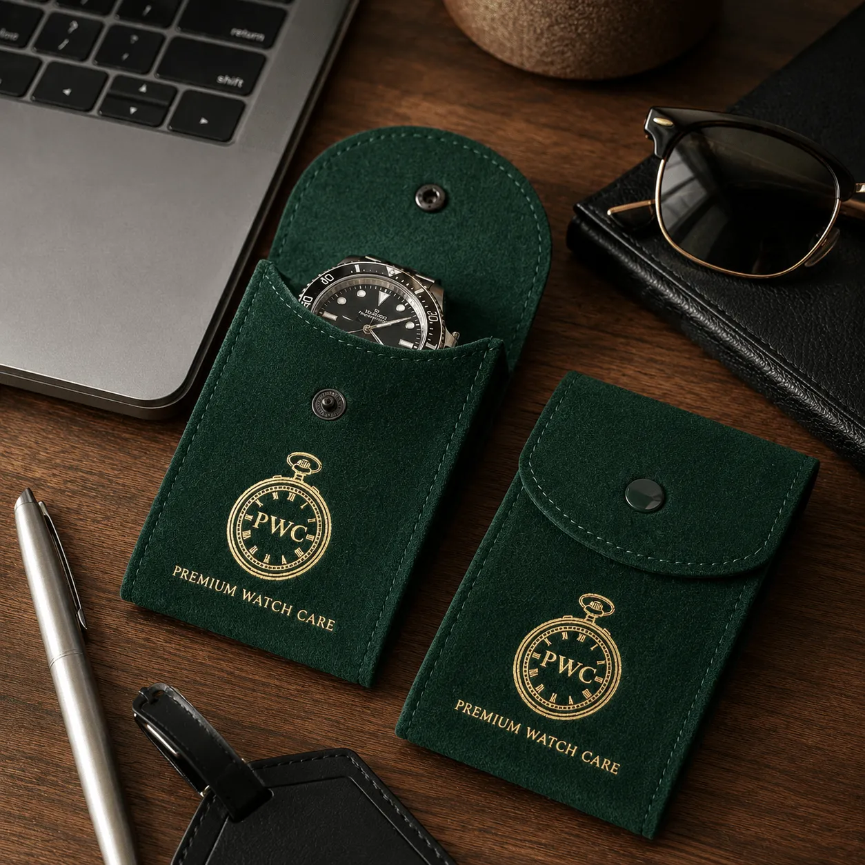 Premium Watch Care 3-Pack Suède PWC Horloge Reisetui Watch Pouch Groen